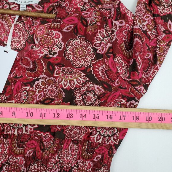 Rose + Olive Boho Floral Babydoll Dress Burgundy Red Pink Long Sleeve Size S NWT - Picture 14 of 15